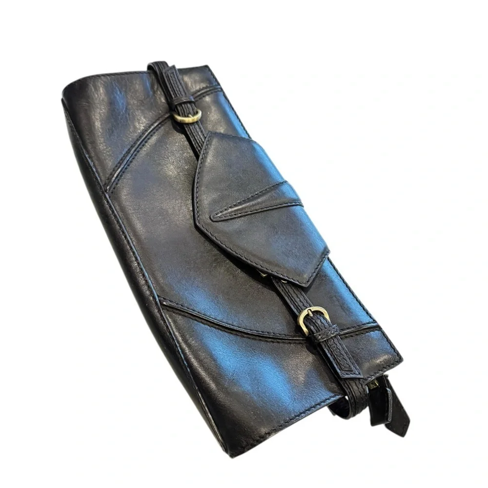 Via Spiga Leather Black Clutch with Gold Hardware.
